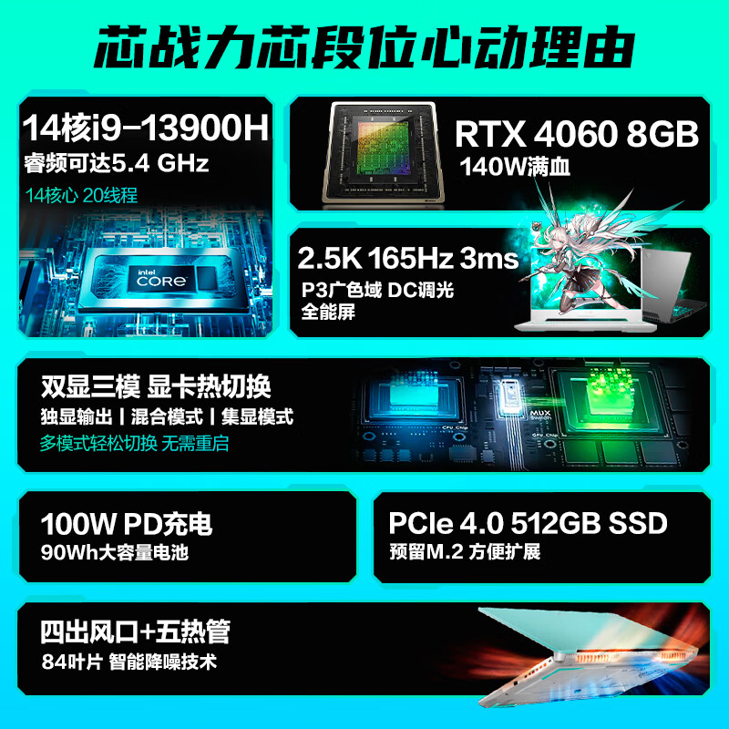 华硕天选4 13代英特尔酷睿i9 15.6英寸高性能电竞游戏本 笔记本电脑  (i9-13900H 16G 512GB RTX4060 2.5K高亮高刷)青