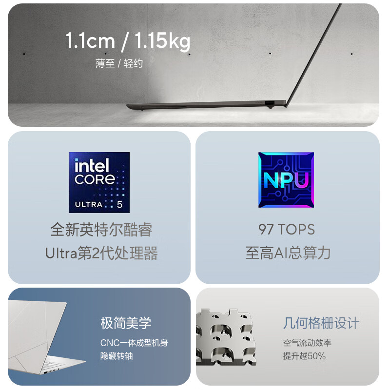 【全新AI PC】华硕灵耀14 Air 全新二代酷睿Ultra5 2.8K 120Hz OLED 1.1cm高颜值AI超轻薄笔记本电脑 (226V 16G 1T)预装正版Office 雪域白